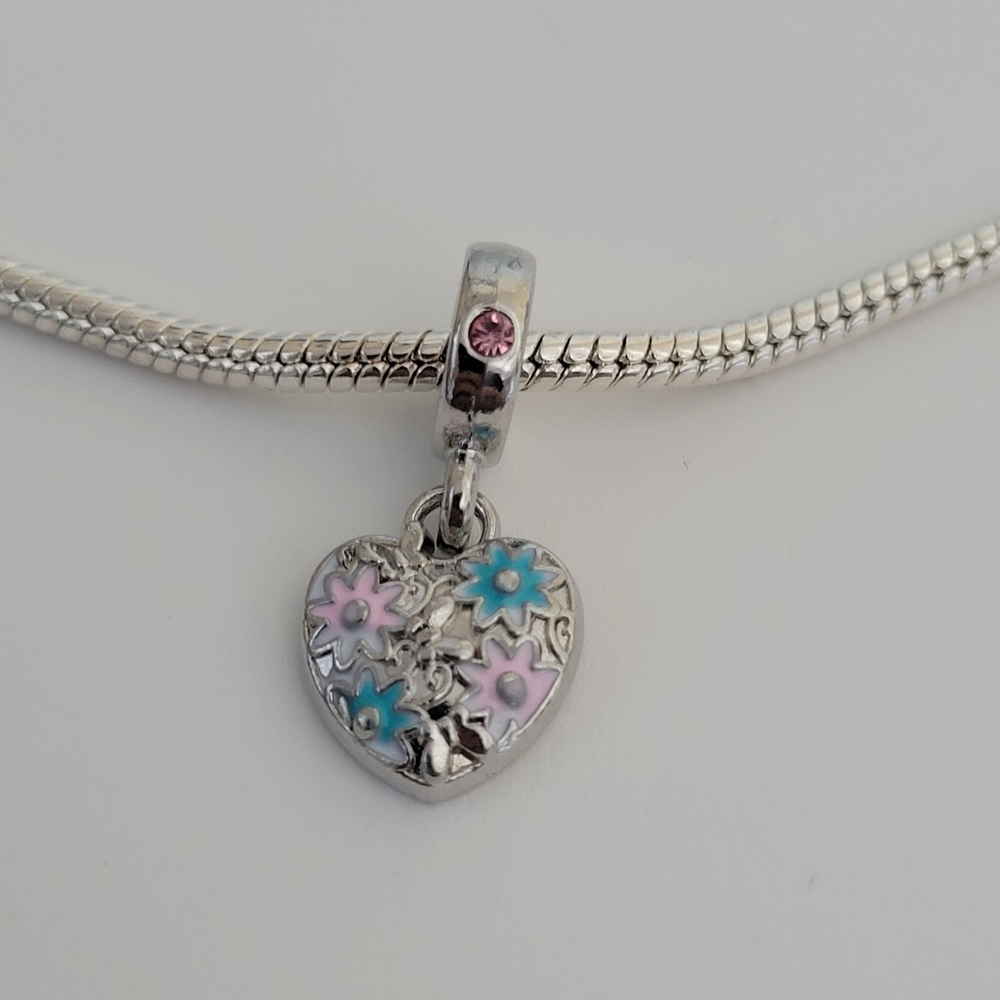 New! Pandora Style Pink And Blue Heart Dangle Charm CZ Rhinestone Bracelet Charm